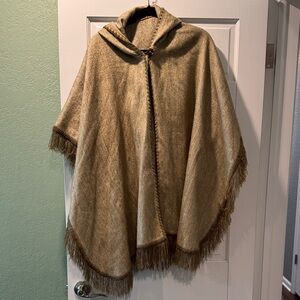 Cozy Tan Hooded Poncho with Fringe